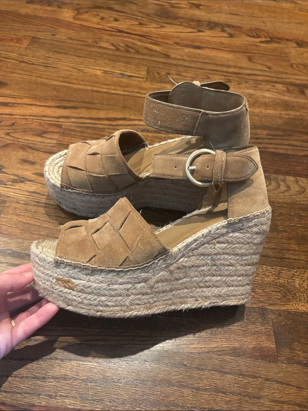 Marc Fisher Adalla platform wedge espadrille sandals tan/taupe suede finish 8